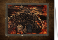 Halloween skeletons and tombstones with flames card