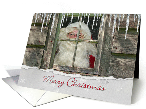Merry Christmas Santa in window with icicles card (973969)