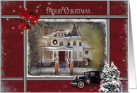 Christmas for parents with Victorian house and old car in snow card