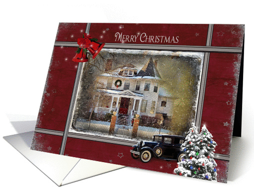 Christmas for friend with Victorian house and old car card (976471)