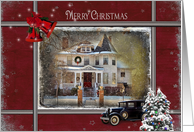 Christmas for friend with Victorian house and old car card