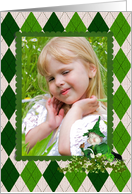 St.Patrick’s Day photo card with argyle frame and leprechaun card