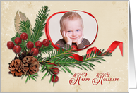 Happy Holidays Photo Card with Red Ribbon and Pine Frame card