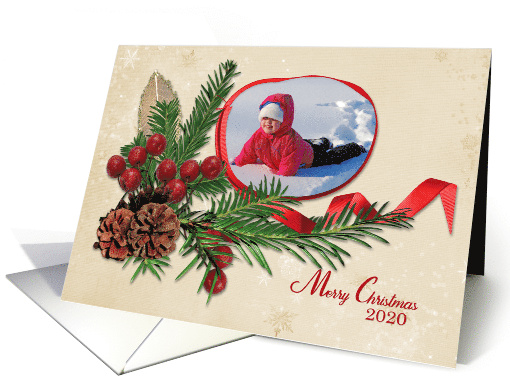 Merry Christmas Photo Card for Parents with Ribbon and Pine Frame card