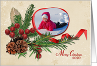Merry Christmas Photo Card for Parents with Ribbon and Pine Frame card