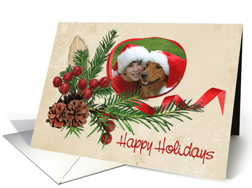 Happy Holidays photo card with red ribbon frame and pine card (993397)