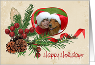 Happy Holidays photo card with red ribbon frame and pine card