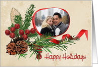 Happy Holidays photo card for parents with red ribbon frame and pine card