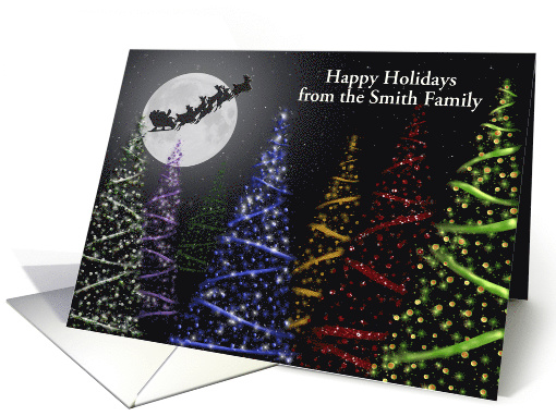 Santa with reindeer with holiday trees and moon card (994023)