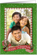 Christmas photo card with holiday banner and plaid frame card