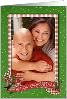 Christmas photo card for parents with holiday banner and plaid frame card