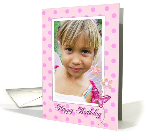 birthday photo card for mom with pink polka dots and butterfly card