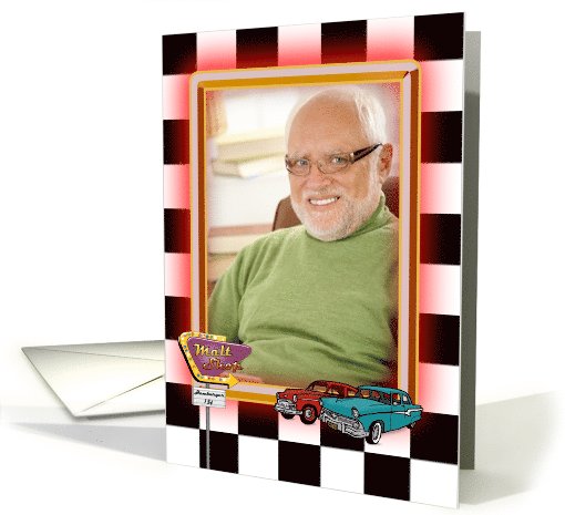 birthday photo card with retro cars and neon old diner sign card