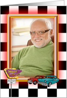 birthday photo card with retro cars and neon old diner sign card