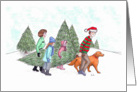 Merry Christmas, Family with Dog Selecting Tree in the Snow card