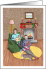 Family time at Christmas Mom Dad and Kids and Dog Sitting by the Fireside card