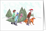 Merry Christmas, Family with Dog Selecting Tree in the Snow card
