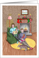 Family time at Christmas Mom Dad and Kids and Dog Sitting by the Fireside card