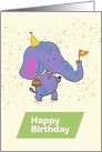 Elephant with Cake, Party Hat and Flag Birthday card