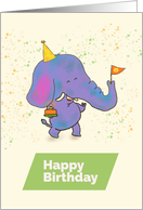 Elephant with Cake, Party Hat and Flag Birthday card