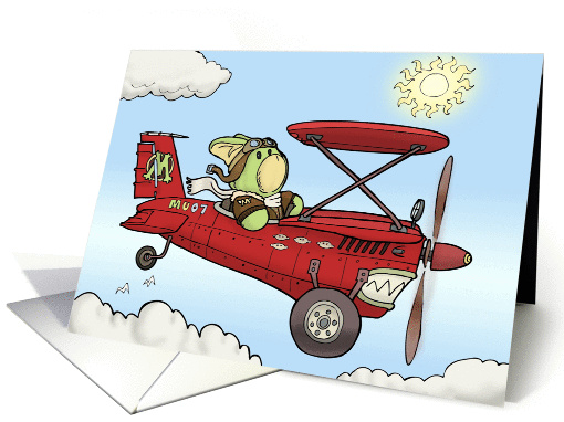 Mou, the green rabbit, flies a red WWII bi-plane in High Flight card