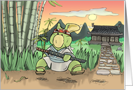 Mou, the green rabbit, stands in a bamboo grove with a samurai sword like a Japanese warrior card