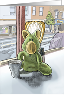 Mou, the green rabbit, enjoys a delicious coffee on a rainy day, inside at the Atomic Caf card