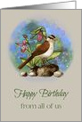 Happy Birthday From All Of Us with Bird and Flowers Illustration card