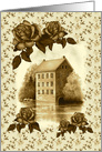 Blank Inside Vintage Look Sepia Art With Old Stone Mill and Roses card