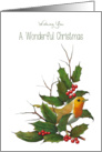 Holly Berries, English Robin: Art: Wishing You Wonderful Christmas card