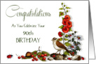 Happy 90th, Ninety, Birthday; Artwork of Bird and Flowers, Berries card