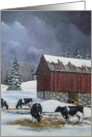 Holstein Cows in Snow, Old Red Barn: Painting, Blank Card
