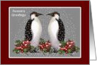 Penguin Couple in Snow, Season’s Greetings, Holly with Berries, Art card