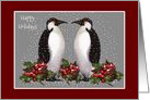 Happy Holidays, Two Penguins with Holly Leaves and Berries, Snow card