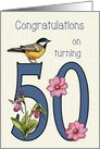 Fiftieth Birthday With Number Fifty Decorated With Bird and Flowers card