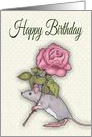 Happy Birthday, General, Mouse with Pink Rose, Tiny Dots, Floral Art card