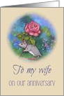 To Wife on Anniversary, Mouse Carrying Large Pink Rose, Painting card