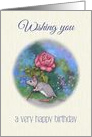 Happy Birthday, General, Mouse with Pink Rose, Garden Flowers Art card