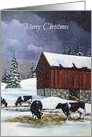 Merry Christmas with Country Landscape of Barn and Cows, Falling Snow card