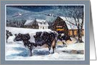 Country Christmas with Farm Scene of Barn and Cows in Snow card