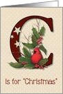 C is for Christmas, General With Cardinal Bird and Stars, Holly Twigs card