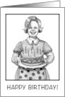 Happy Birthday General Smiling Woman With Cake Candles Pencil Drawing card