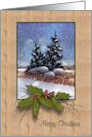 Merry Christmas Snowy Pine Trees Falling Snow Holly and Berries card