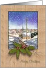 Merry Christmas Village Church in Falling Snow Holly and Berries card