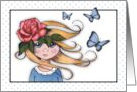 Whimsical Art Blank Inside Girl With Rose in Hair Blue Butterflies card