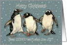 COVID Merry Christmas Three Happy Dancing Penguins in Snow card