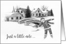 Just A Note Blank Inside Young Girl Skating In Winter Village Drawing card