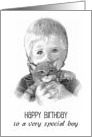 Happy Birthday For Boy With Drawing of Little Boy Holding Kitten card