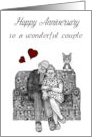 Happy Anniversary Older Couple Snuggling on Couch Red Hearts card