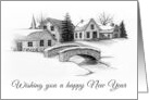 Happy New Year Religious with Winter Village Stone Bridge Pencil Art card